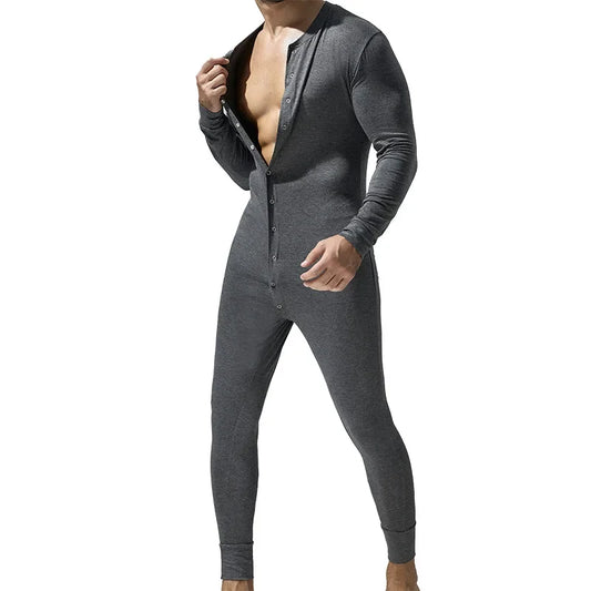 TAUWELL Men's One Piece Bodysuit Long Sleeve Button Front Jumpsuit Tight Fitting Pajamas Loungewear for Men Pajamas Jumpsuits